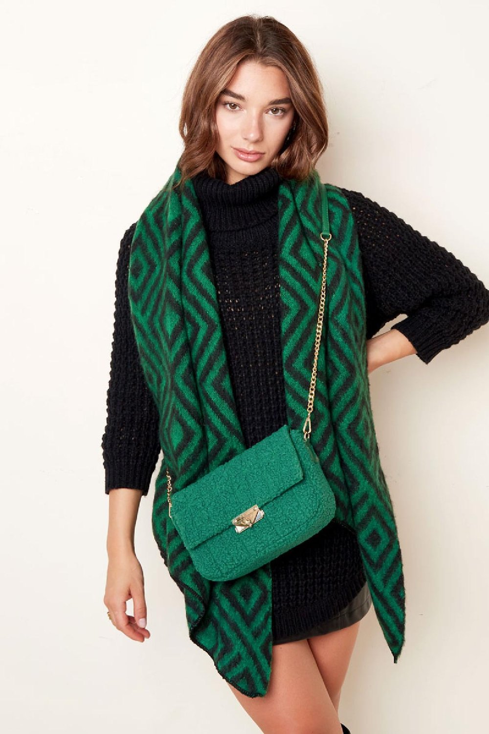 Handbag with teddy fabric stitched Beige PU h5Picture2